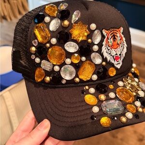 OTTO Embellished Black Cap with Gold Gems & Tiger Patch